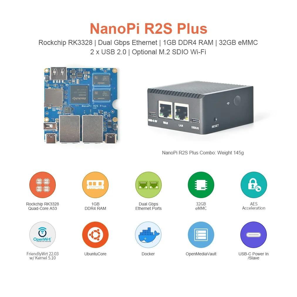 NanoPi R2S PLUS LTS & Combo, 1GB RAM, 32G eMMC, Duoble 1kMB LAN,M2.0 wifiRockchip RK3328,  Cortex-A53,OpenWRT,U-bo